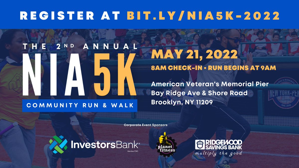 NIABklyn's tweet image. It&apos;s back and just 1 month away! 🏃‍♂️👟 We can&apos;t wait to see our community in-person for our 2nd Annual 5K Run &amp;amp; Walk on May 21st in Bay Ridge. Register today at bit.ly/NIA5K-2022 to join the challenge! @investorsbank @PlanetFitness @RidgewoodBank