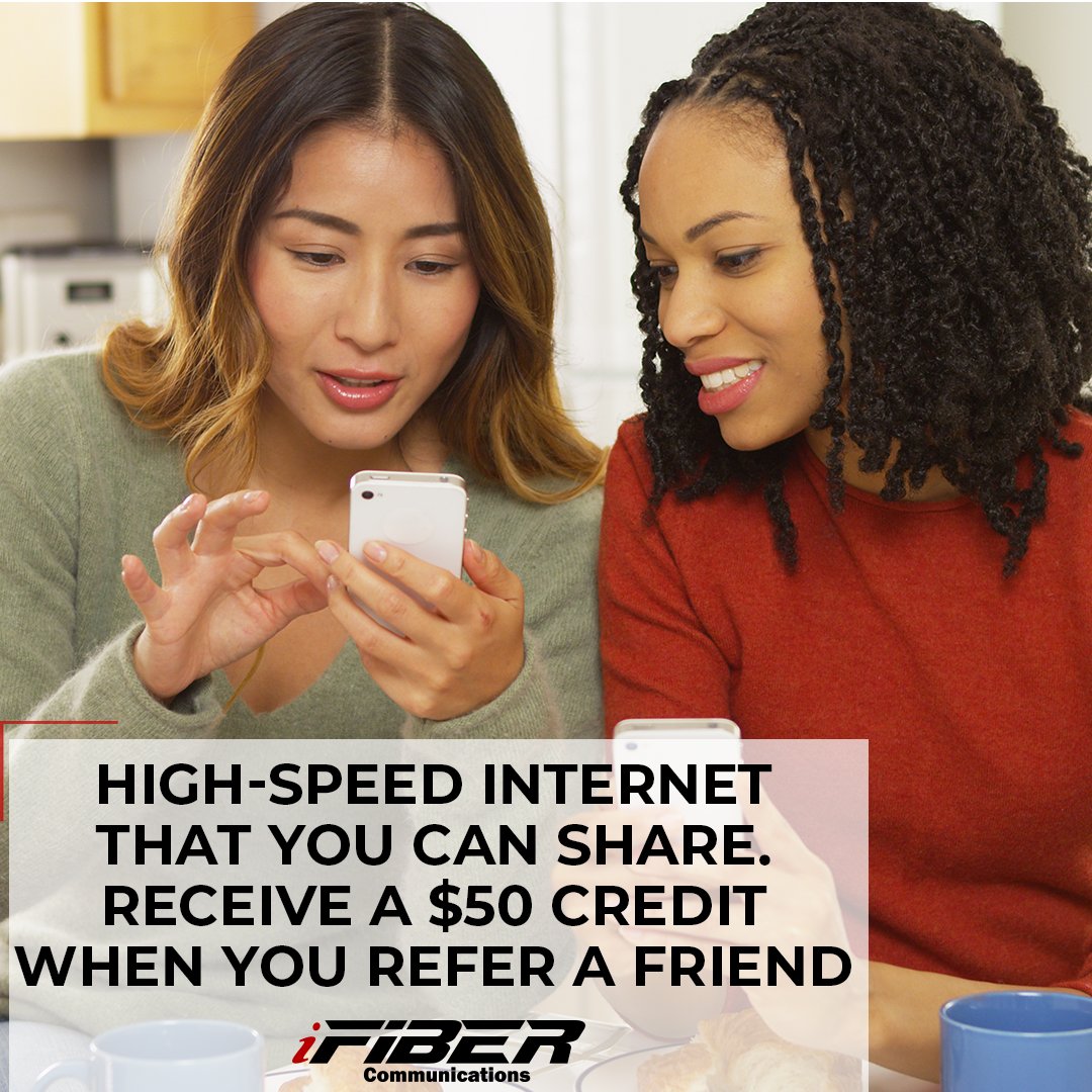 iFIBERComm's tweet photo. Share your experience with iFIBER's reliable high-speed internet by referring your friends! Receive a $50 credit when they sign up! 
#highspeedinternet #fiberinternet #iFIBER #internet #wifi #telecom #ISP #referafriend https://t.co/XaVU00bnxs