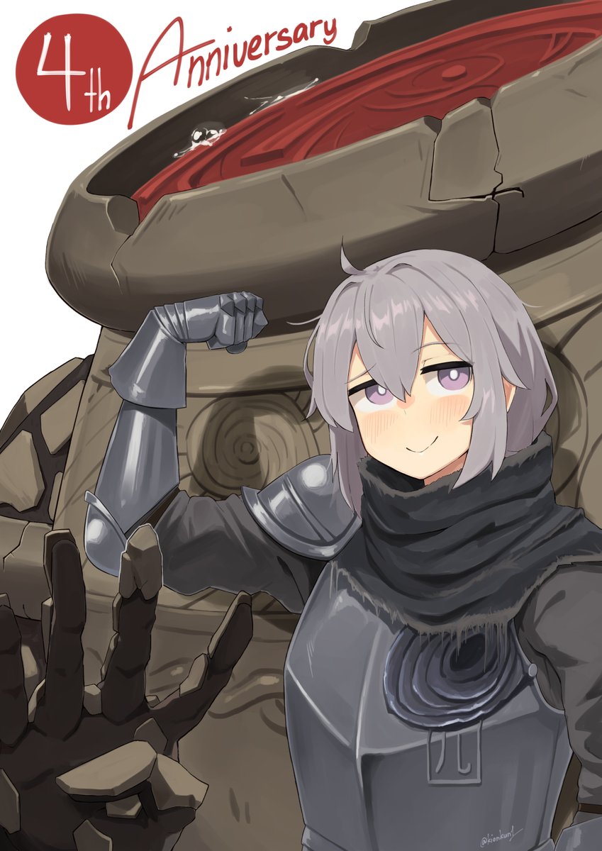 m200 (girls' frontline) 1girl armor smile purple eyes grey hair ahoge blush  illustration images