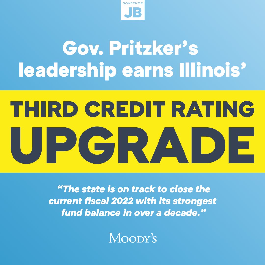 JBPritzker's tweet photo. Before I took office, Illinois hadn't seen a credit rating upgrade for 20+ years.

Today, we received our third upgrade under my leadership.

Another victory for taxpayers. Another way we're getting fiscally stable. Another way our work is LITERALLY paying off for Illinoisans. https://t.co/L9ejNmPZ6A