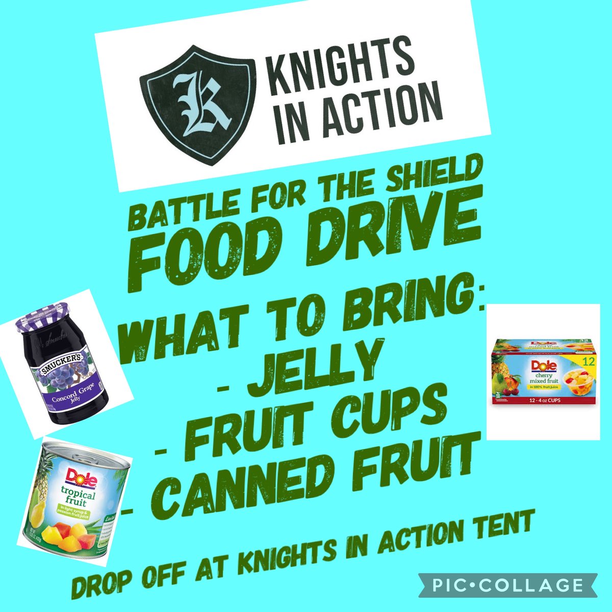 KnightsAction4L's tweet photo. Calling all Knights! Bring any of the fruit products listed below to the Battle for the Shield tournament this weekend where we will be collecting for the Samaritan Center! The team that brings the most items will win a prize! #4L @knightknation4L @LAKYouth https://t.co/GnitUM2uzP