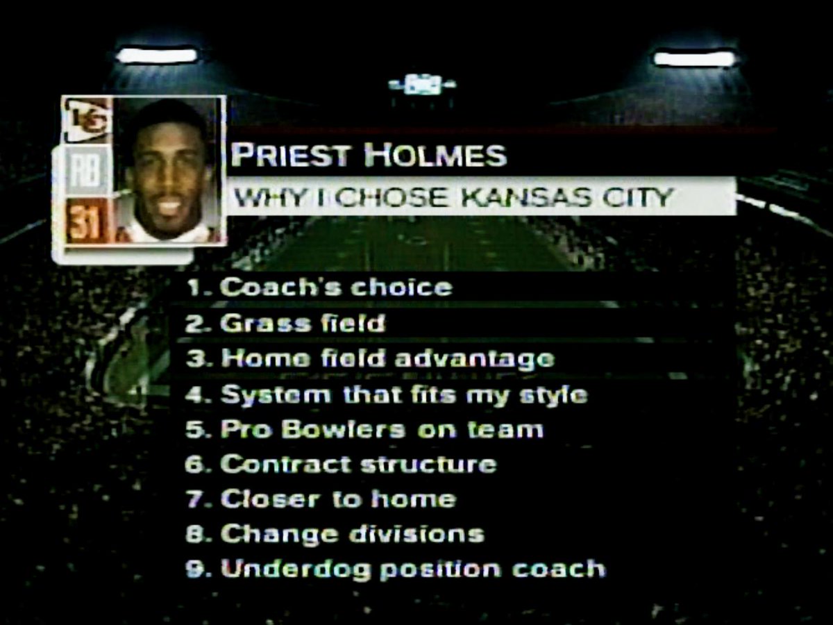 21 years ago (Apr. 21, 2001) Priest Holmes decided that his next #NFL chapter should be written with the Kansas City <a href="/Chiefs/">Kansas City Chiefs</a>. Now... do you remember why exactly he ended up picking KC? Well, here 👇 are the reasons. And yes, major props to James Saxon for playing quite a role...