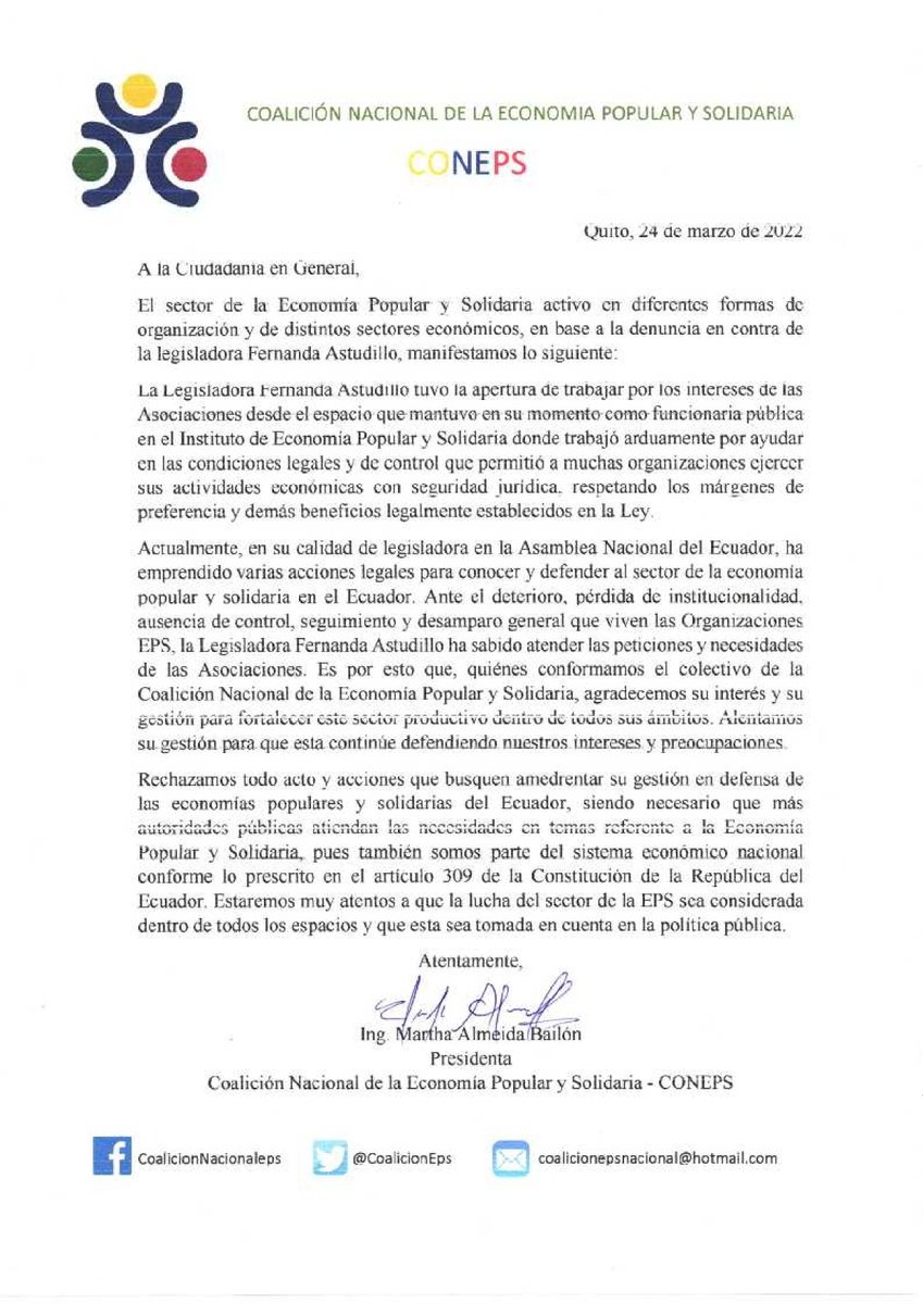 Fernanda_Mashi's tweet photo. Mensaje de apoyo de la Coalición Nacional de la Economía Popular y Solidaria #CONEPS, pronto vendrás los días de prosperidad, la justicia llegará. #FiscalizarNoEsTramitar https://t.co/BVnufCT41X
