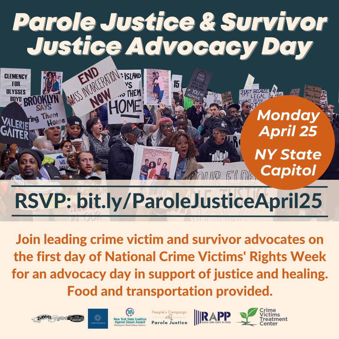 Monday April 25th is Parole Justice &amp; Survivor Justice Advocacy Day. Join us and the many organizers for #ParoleJusticeNY to support #NCVRW22 RSVP &amp; more info here: bit.ly/3xIxvOQ