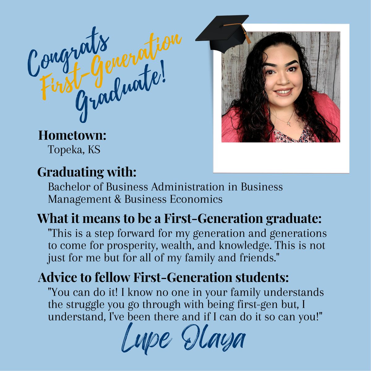 WeAreF1rst's tweet image. As the semester wraps, we will be highlighting First-Generation graduates. Help us congratulate these awesome students on this incredible accomplishment!🥳🎉🎓 #firstgenproud #firstgengraduates