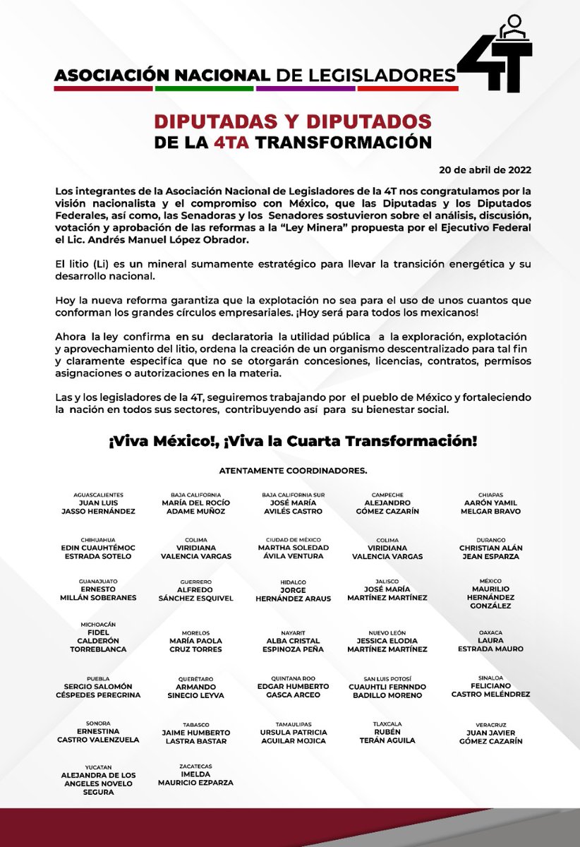 Asociación Nacional de Legisladores de la 4T tweet media