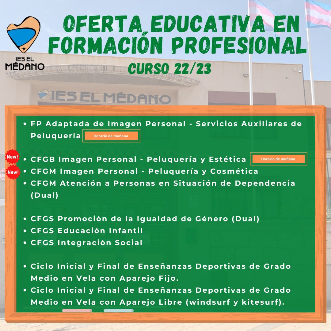 🆕🔴Enseñanzas de Formación Profesional para el próximo año. 

➡️Tenemos dos novedades para el próximo curso: 

💇CFGB Imagen Personal - Peluquería y Estética 

💆‍♀️CFGM Imagen Personal - Peluquería y Cosmética