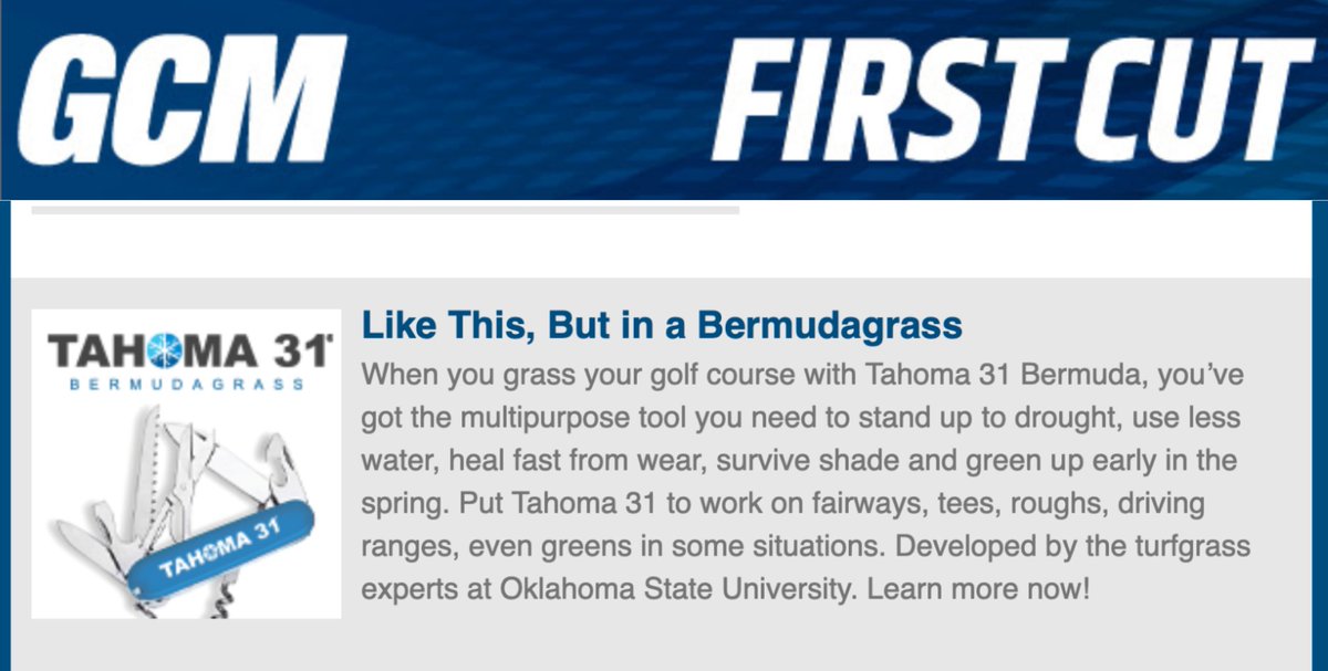 Would you look at that? Tahoma 31 featured in @GCM_Magazine's The First Cut newsletter. Did it hit your inbox today? bit.ly/36KMOGb #gcsaa #golfcoursemaintenance #turfgrass #sodfarm #sprigs #golfturf #sportsturf