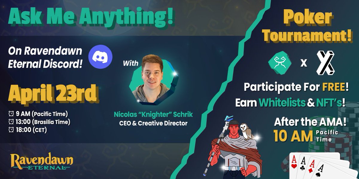 RavenQuestGame's tweet photo. THIS WEEKEND WILL BE ❤️‍🔥!

AMA with our CEO &amp; Founder + Poker Tournament on April 23! Join, chat with us &amp; participate to win exclusive rewards! 🤩 

Join the Discord and check out the announcement: https://t.co/sUtKkfmzEd

See you all next Saturday! 🚀 https://t.co/5WepNAijTY