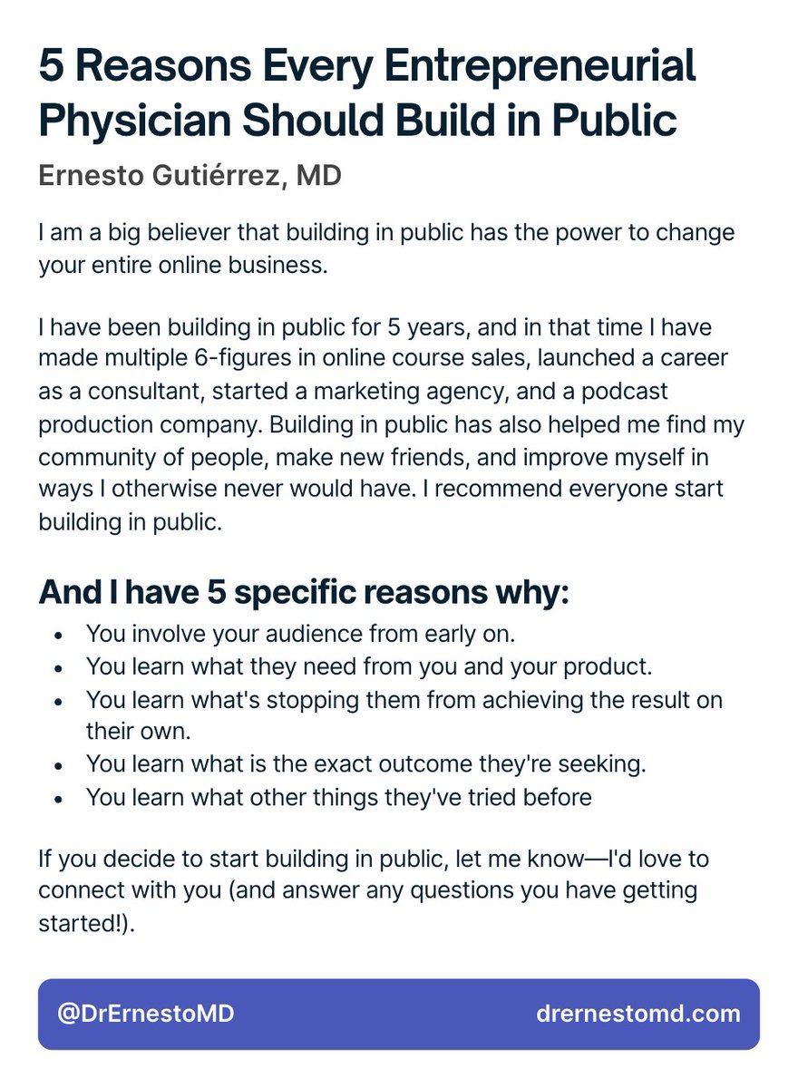 Ernesto Gutierrez, MD (Dr. E) (@drernestomd) on Twitter photo What do <a href="/aliabdaal/">Ali Abdaal</a>, <a href="/drnadolsky/">Dr. Spencer Nadolsky</a>, and <a href="/RealDoctorMike/">Dr. Mike Varshavski</a> have in common?
1. They're physicians, and
2. They built in public
Here is why you should build in public too.
#ship30for30
#buildinpublic What do <a href="/aliabdaal/">Ali Abdaal</a>, <a href="/drnadolsky/">Dr. Spencer Nadolsky</a>, and <a href="/RealDoctorMike/">Dr. Mike Varshavski</a> have in common?
1. They're physicians, and
2. They built in public
Here is why you should build in public too.
#ship30for30
#buildinpublic