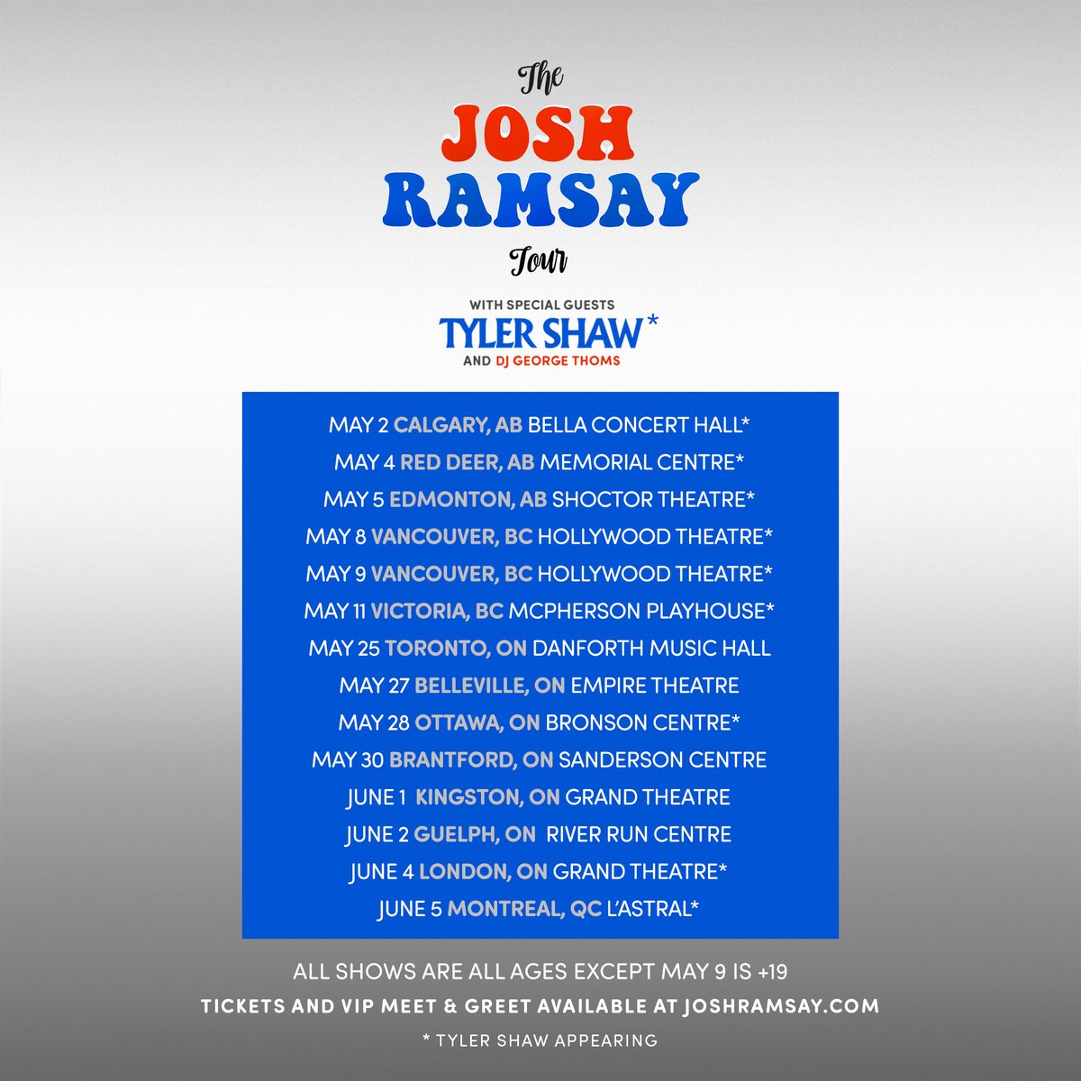 There's still time to get your tickets for #TheJoshRamsayTour! 🤩

🎟 Tickets and VIP Meet & Greet on sale now joshramsay.com  

#TheJoshRamsayShow #JoshRamsay #LiveMusic #LiveMusicCanada #604Records
