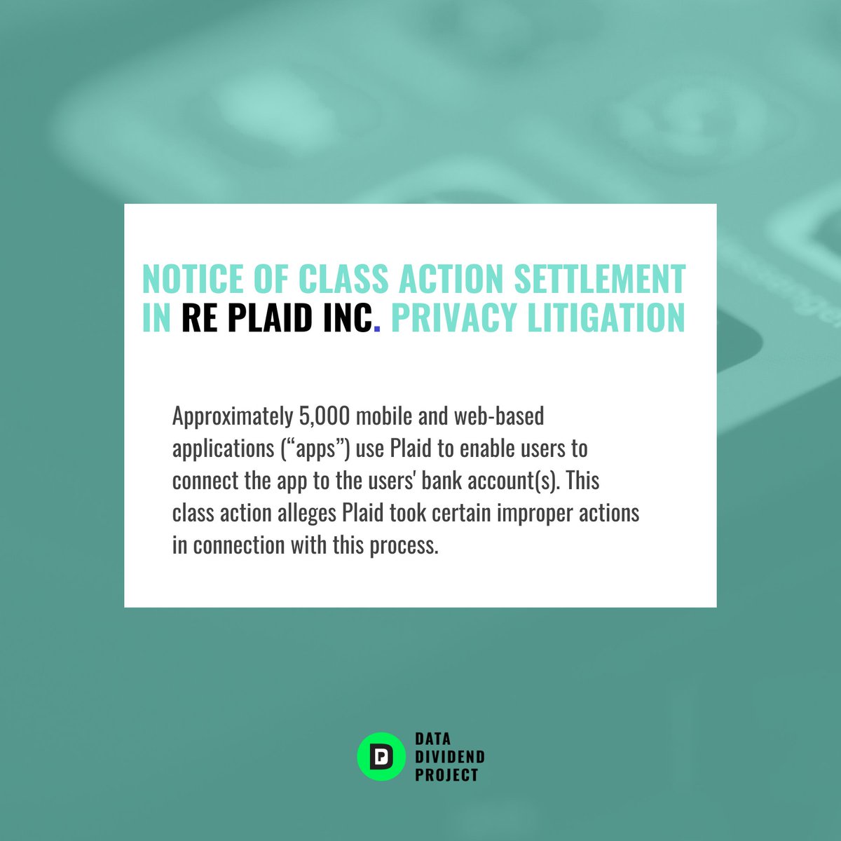 ddpforall's tweet image. Notice of Class Action Settlement In re Plaid Inc. Privacy Litigation. 

You have until April 28th to submit a claim. 

[LINK IN BIO] to submit your claim. 

Follow @ddpforall for more information on data privacy and class action settlements .  #ddpforall #dataprivacy #dataforall