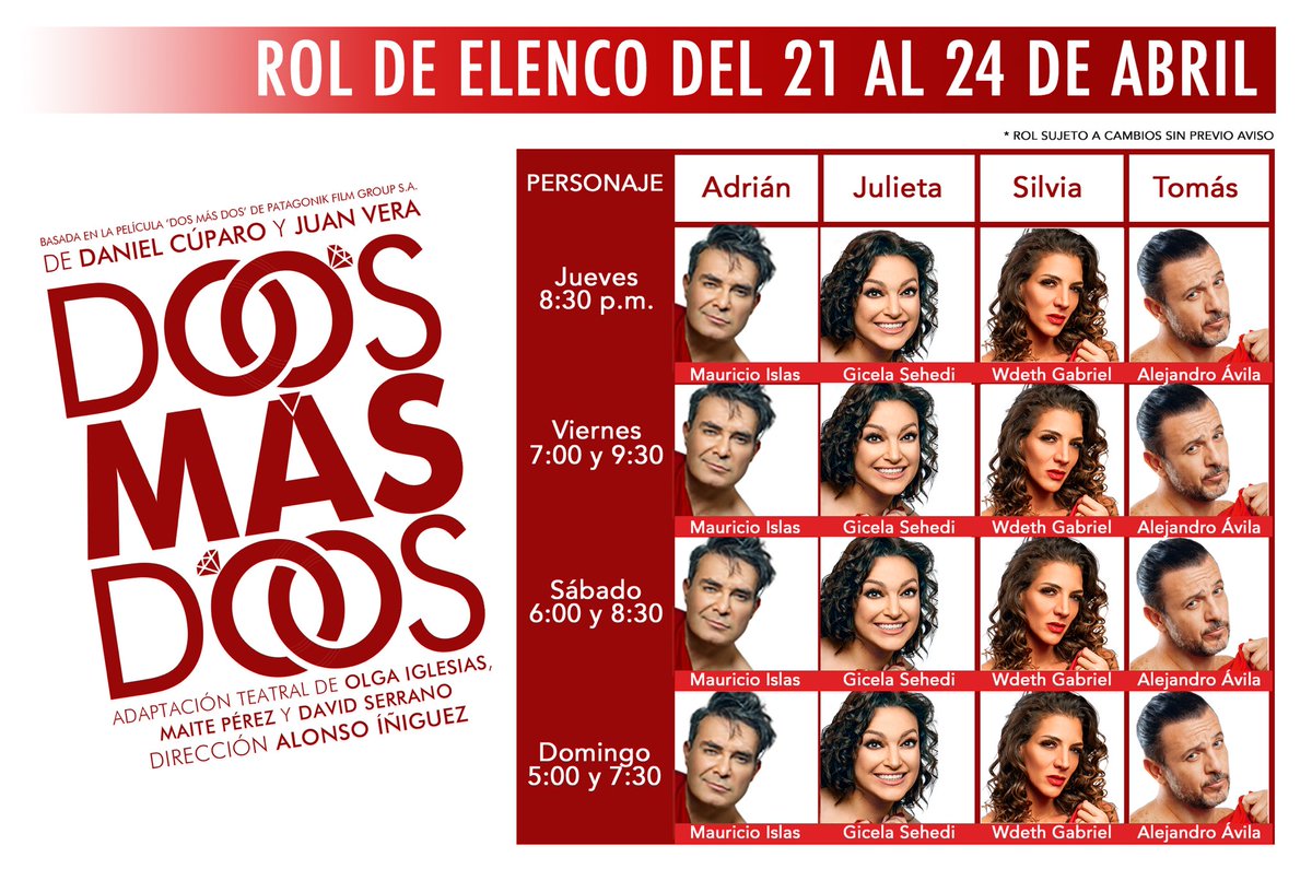 Este fin de semana ríe a carcajadas con <a href="/ObraDosMasDos/">Dos Más Dos</a> en el Teatro Royal Pedregal con  @MauricioIslas  @AlexAvila14 y <a href="/wdethgabriel/">wdeth gabriel</a> @GisoSehedi
Boletos 🎟 ow.ly/N5XL50FF0mC
AHORA en el📍Teatro Royal Pedregal