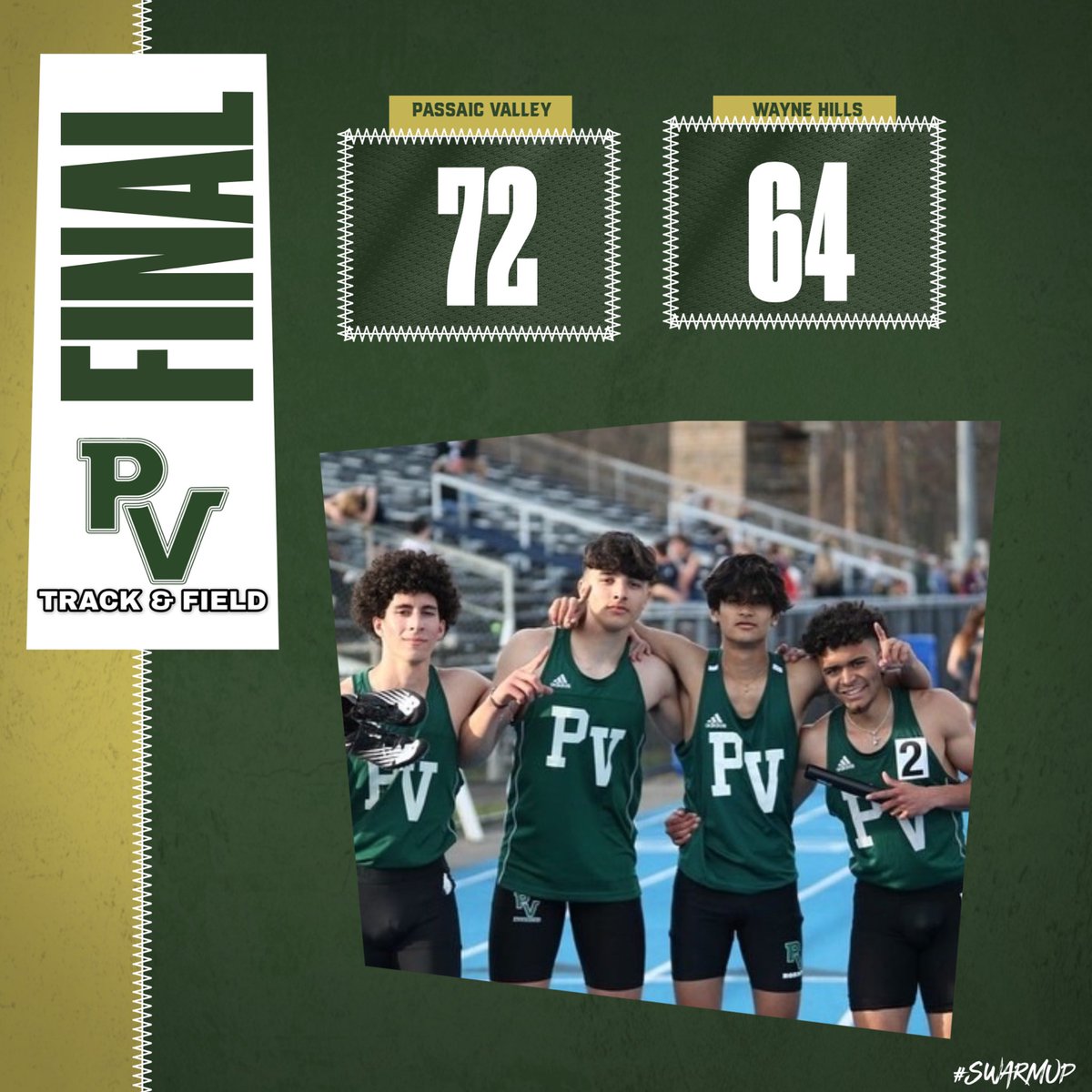 BOYS TAKE THE WIN! SOLID PERFORMANCES BY ALL! HIGHLIGHTS: Jessier wins the 800 &amp; 400IH in 58.3 &amp; 1:59 then split a 50.3 to lead the 4x400 to the win! Brian Whitney hits a new PR in HJ clearing 6’1” <a href="/PVHS_SPORTS/">Passaic Valley Athletics & Activities</a> <a href="/PVSupt/">Brack Healy, Ed.D.</a> #pride #family #tradition #swarmup