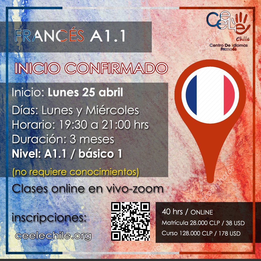 ceelechile's tweet photo. Curso FRANCES A1.1 Básico 1  / ONLINE
Lunes y Miércoles de 19:30 a 21:00hrs.
INICIO LUNES 25 de ABRIL
Valor curso 128.000CLP / 178USD
#frances #paris #cursos #online #zoom #santiago #chile #abril2022 #clasesOnline #francia #bonjour #pymesonline #apoyapymes #aprenderfrances https://t.co/D3i09QtNkN