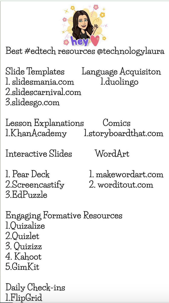 technologylaura's tweet image. Need some new #edtech tools?

Interactive Slides @PearDeck @Screencastify
@edpuzzle
Word Art @WordItOut
Lesson Explanations @TeachWithKhan
Comics @StoryboardThat
#edtech @quizizz @quizlet @gimkit @Quizalizeapp 
Slide Templates @SlidesManiaSM
Check-Ins @Flipgrid
Language @duolingo