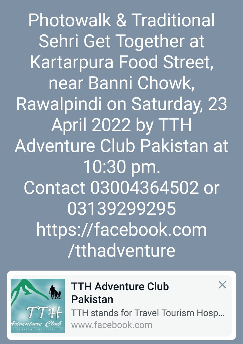 tthadventure's tweet photo. Photowalk &amp; Traditional Sehri Get Together at Kartarpura Food Street, near Banni Chowk, Rawalpindi on Saturday, 23 April 2022 by TTH Adventure Club Pakistan at 10:30 pm.
Contact 03004364502 or 03139299295
https://t.co/Sygk6NvSbJ https://t.co/0Qxa9uQQmO