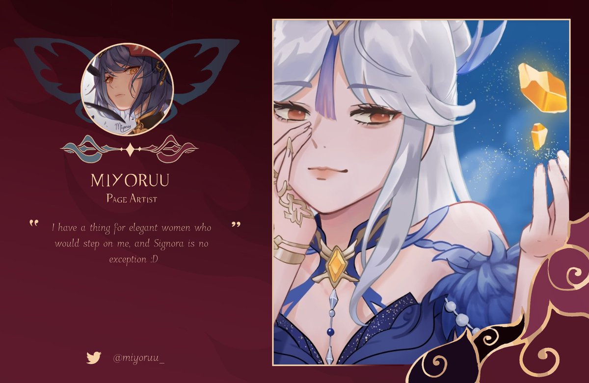 signorazine's tweet photo. ❄️ CONTRIBUTOR SPOTLIGHT 🔥

why, look who we have here? meet our page artist and fatui diplomat, @miyoruu_!

miyoruu has a thing for women like signora, and creates gorgeous art—we think it's a match made in heaven ♡ please look forward to seeing their work! https://t.co/iiNvx3E9CZ