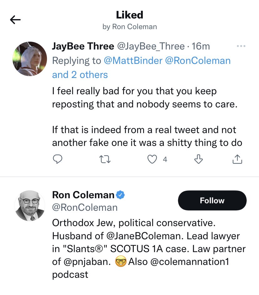 here’s Libs of TikTok’s lawyer @RonColeman retweeting a post asking for evidence of where she ever said to harass anyone i provided such an example. his response: just a like on a random reply to me that amounts to “oh well”