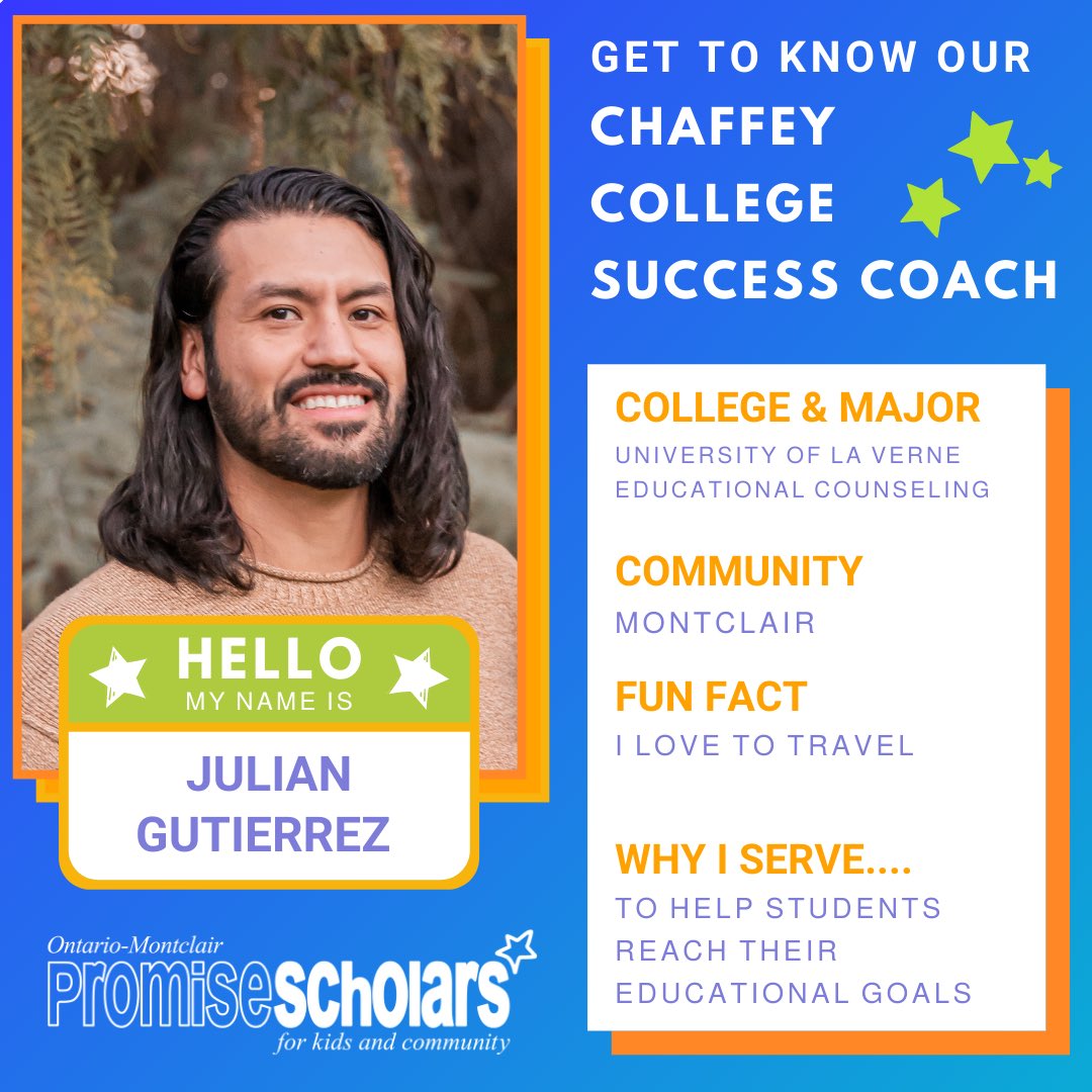 Please give a warm welcome to the new @chaffeycollege Success Coach, Julian!

Julian is a @ULaVerne alumnus and is excited to support our Promise Scholars in their journey at Chaffey College!

@giatogether @OntarioHS @MontclairCavs @cityofontario @ChaffeyHSTigers