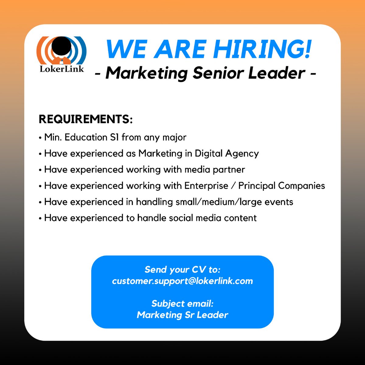 L (@lokerlink) on Twitter photo WE ARE HIRING!
Marketing Senior Leader
If you are interested, please send your CV to customer.support@lokerlink.com (Subject : Marketing Sr. Leader)
#lokerlink #hrservices #lokerjakarta #lowongankerja #infoloker #lowonganpekerjaan #lokerindonesia #marketing #marketingleader WE ARE HIRING!
Marketing Senior Leader
If you are interested, please send your CV to customer.support@lokerlink.com (Subject : Marketing Sr. Leader)
#lokerlink #hrservices #lokerjakarta #lowongankerja #infoloker #lowonganpekerjaan #lokerindonesia #marketing #marketingleader