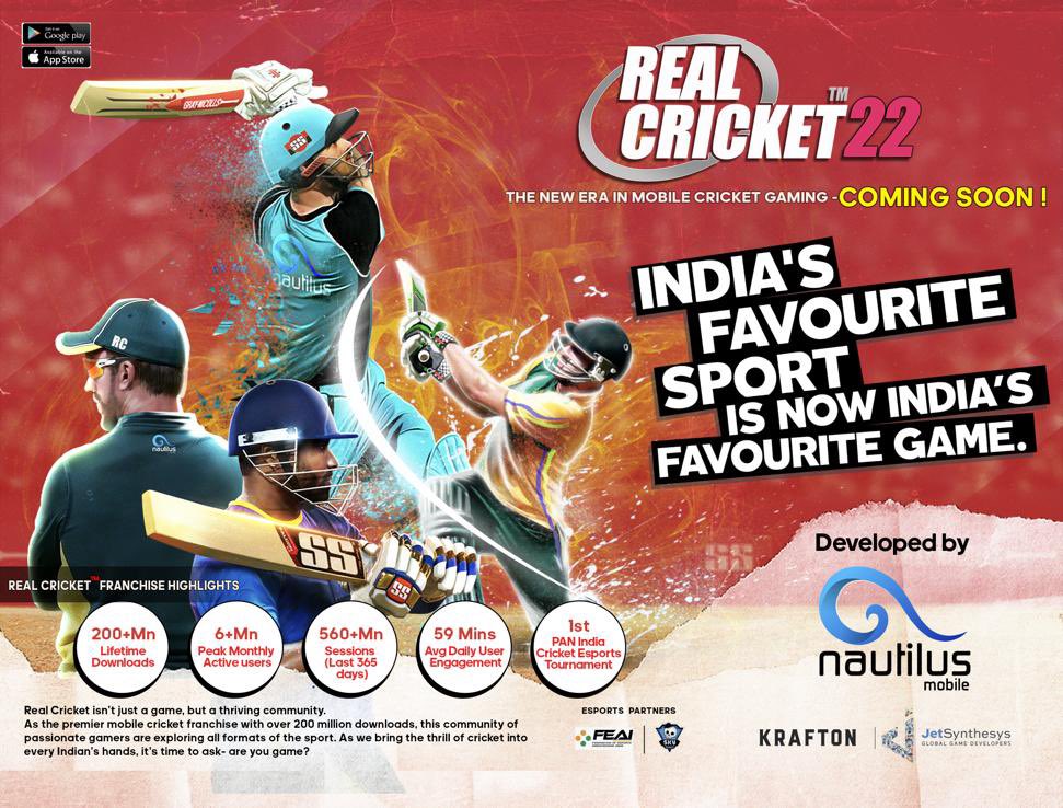 Huge announcement coming soon!

Cricket + Esports = Real Cricket 22

India will dominate the global gaming world with our own indigenous games.

Championships, Prizes &amp; Rankings - this season has it all.

Take a bow <a href="/MankarAnuj/">Anuj Mankar</a> &amp; <a href="/NautilusMobile/">Nautilus Mobile</a> 

#EsportsKaTimeAaGaya