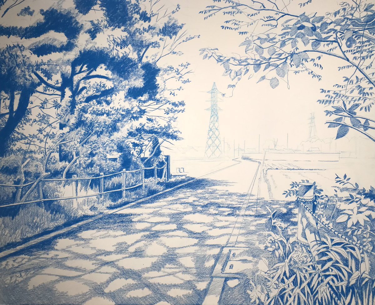 「F15号。シアン版1回目。粛々と進む。
#色鉛筆画 #風景画 #林亮太 」|林 亮太＠2023 5/20〜6/11清瀬市郷土博物館個展のイラスト
