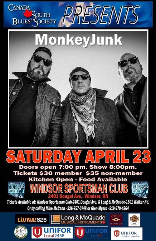Reminder: #CanadaSouthBluesSociety presents Juno Award winning swamp roots rock <a href="/MonkeyJunkBand/">MonkeyJunk</a> tonight at <a href="/RSCWindsor/">RiversideSportsmen</a> Apr 23 #YQG eyesonwindsor.com/event/monkeyju…