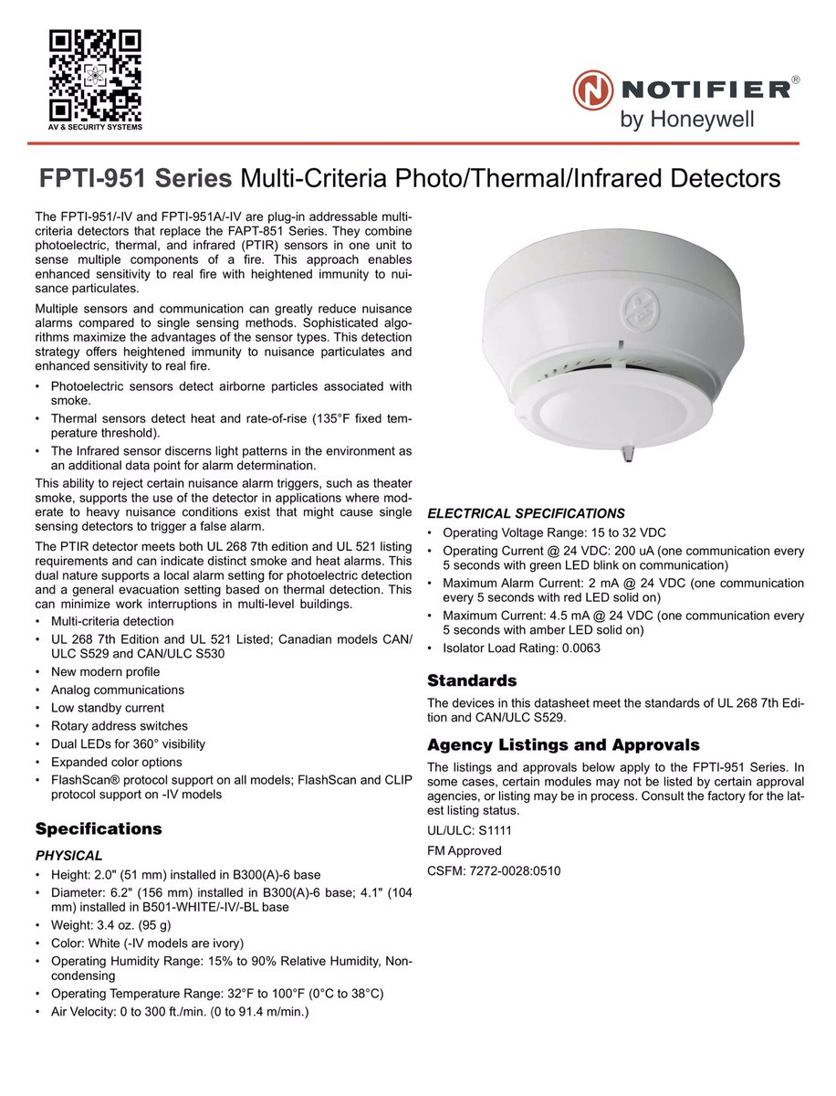 AVSecuritySyst1's tweet image. #Notifier
#FPTI951
#SmokeDetector
#MultiCriteria
#Photo
#Thermal
#InfraRed
#AddressableDetector
#ReduceNuisanceAlarms
#RotaryAddressSwitch
#FlashScan
#FDAS
#FireDetectionAlarmSystem
#UL268
#UL521
#ULS1111
#FMApproved
#Honeywell