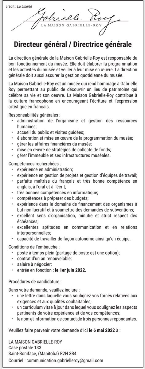 We are looking for a new executive director at La Maison Gabrielle-Roy. Please share this post with your francophone connections.

#jobs #musée #francophone  #directeurgénéral #directricegénérale  #emplois #francais #français #stboniface