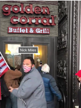 StonePgh's tweet photo. Internet sleuths have identified another unidentified #insurrectionist known as #GoldenCorral. Famous for his #AntiMasking rhetoric, except on #Jan6thInsurrection, when he thought a #Mask was a clever disguise. #Walkaway @RealNickMiles #LockHimUp #BrandonStraka #TheBodyGuard https://t.co/Qs8hvJNglI