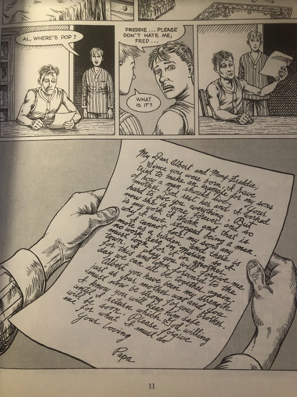 rj06sdsu's tweet photo. Mentioned this in class but there's so much to uncover on page 11. Fred's father is absent yet his voice/letter takes up the majority of the page &amp; the typography is different from the usual text boxes or speech bubbles &amp; the paper itself is its own panel #ENGL157 https://t.co/PHpDScVQtb