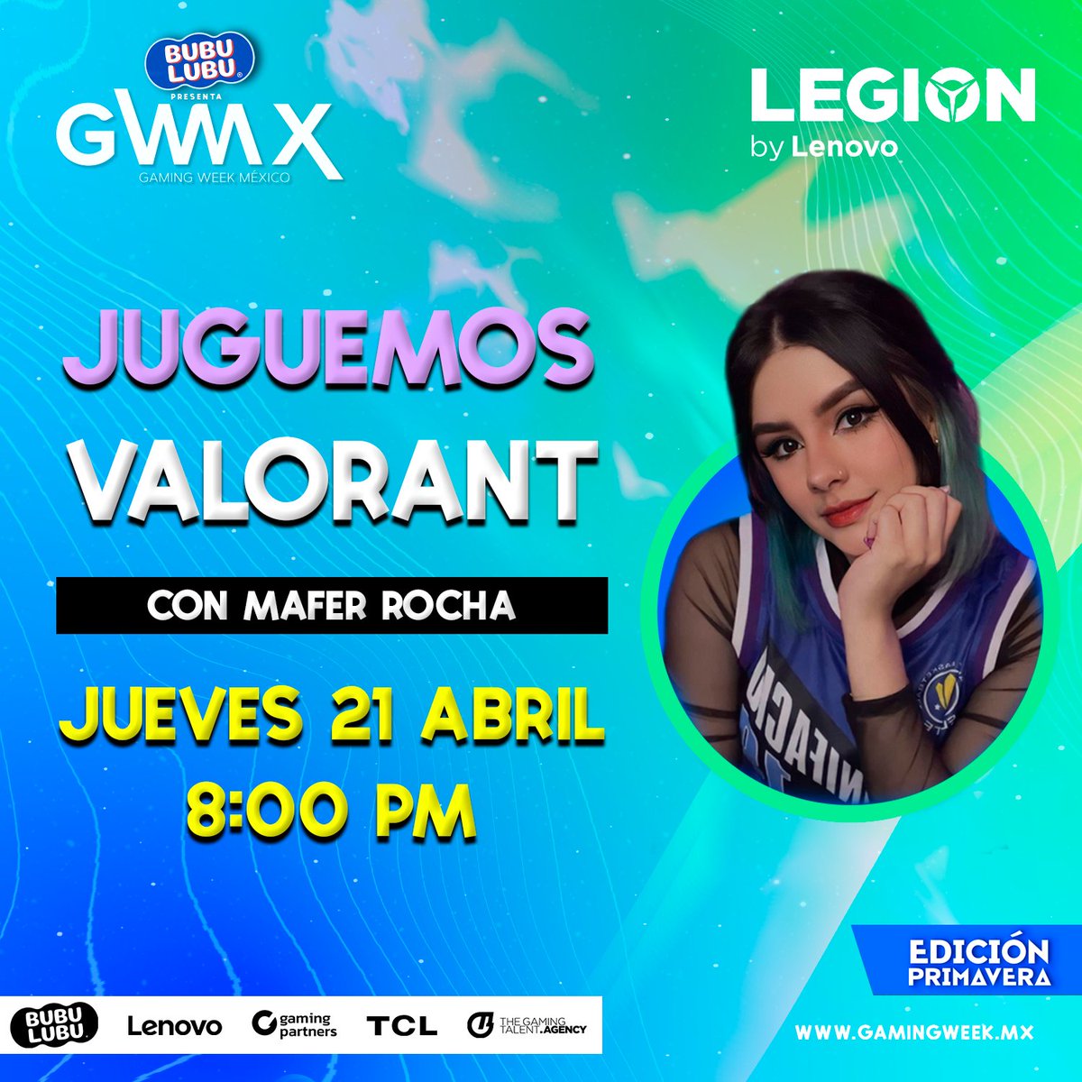 GamingWeekMX's tweet photo. ¡@MaffyRocha ya está lista para romperla en #GamingWeekSpring22! Jálense al Valorant a las 8:00pm. Traido a ti por @LenovoLatam.
✅ ¡Regístrate aquí!: https://t.co/IgWPVrnItL
#LenovoEnGamingWeek https://t.co/4uaB4xS0I6