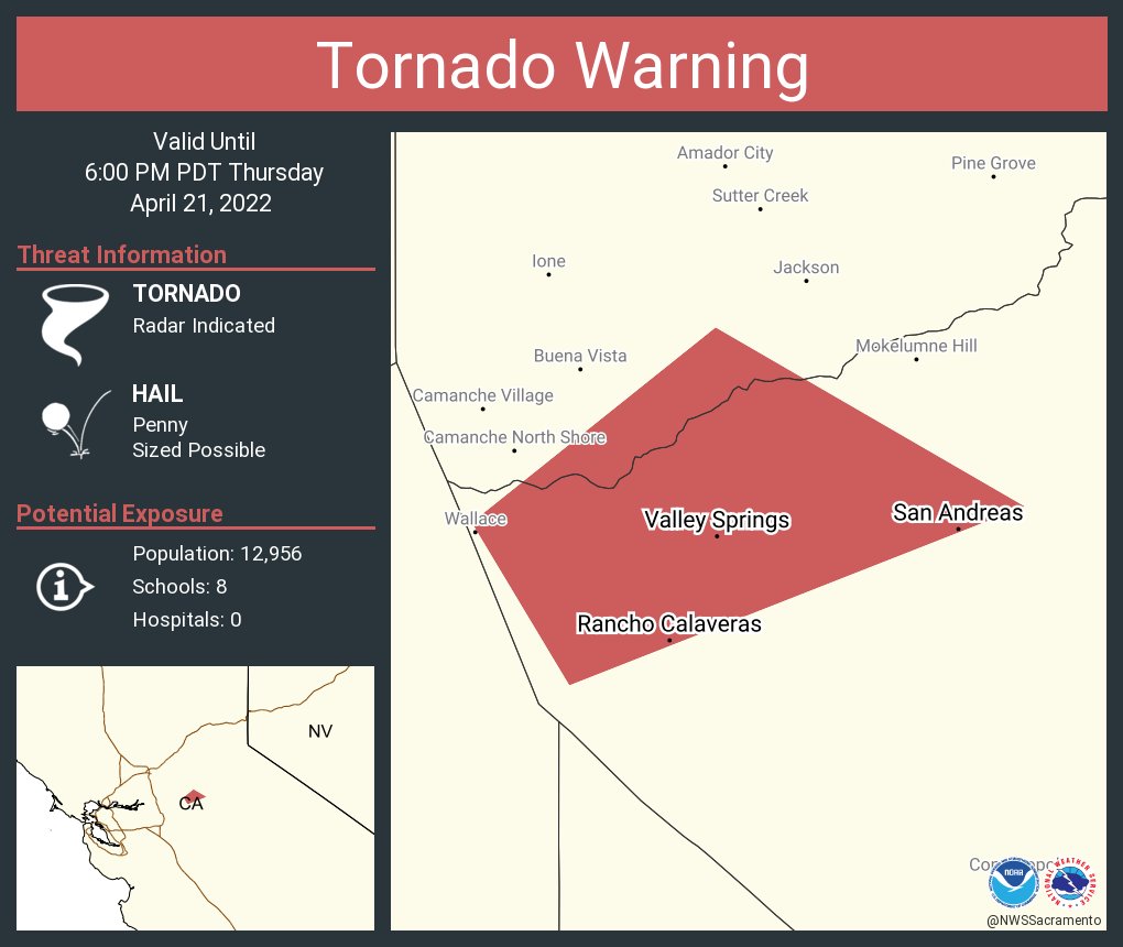 Tornado Warning including Rancho Calaveras CA, Valley Springs CA, San Andreas CA until 6:00 PM PDT