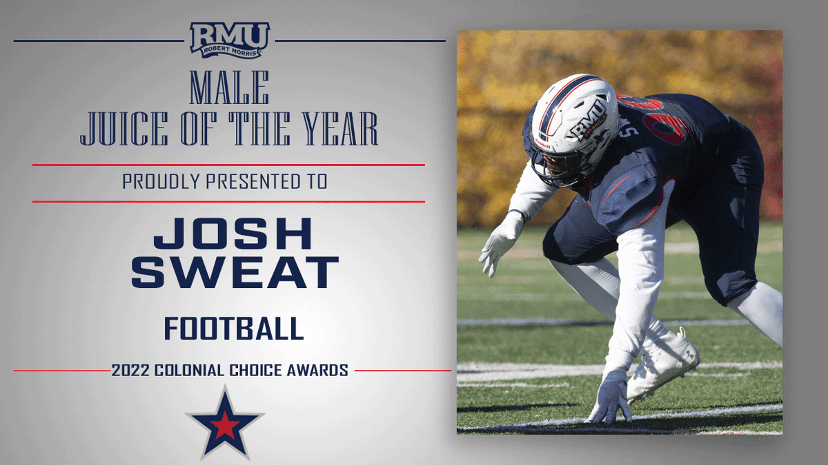 RMUAthletics's tweet photo. We are honored to award @RMU_Football  student-athlete, Josh Sweat, with the Male Juice of the Year Award!

#BobbyMo | 🔴⚪🔵 https://t.co/0PAU1cJq3c
