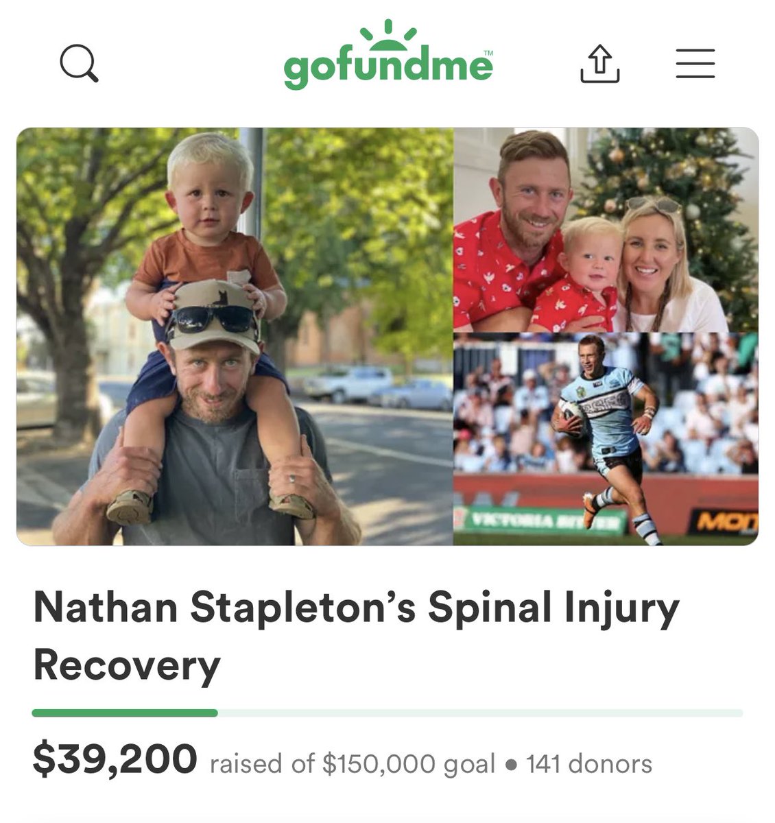 Devastating news that ex-NRL player Nathan Stapleton suffered a severe Spinal Cord Injury while playing for his local club, the Boorowa Goldies. The injury has left Nathan a quadriplegic, paralysed from the shoulders down. Thoughts with him &amp; his family
gofundme.com/f/nathan-stapl…