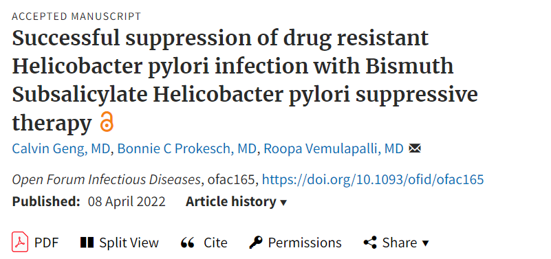 An ID teaching case in OFID describes a drug-resistant H. pylori infection that was symptomatically controlled, rather than eradicated, with bismuth subsalicylate monotherapy. 📄:bit.ly/3Eyop8X #IDSAJournals #OpenForumInfectDis @PaulSaxMD @DrJL @RvemulapalliMD
