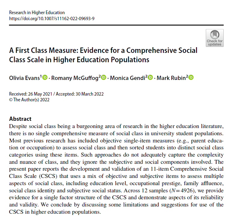 Measuring social class:

Our new paper reports on the development and validation of an 11-item Comprehensive Social Class Scale. 

Open access: doi.org/10.1007/s11162…