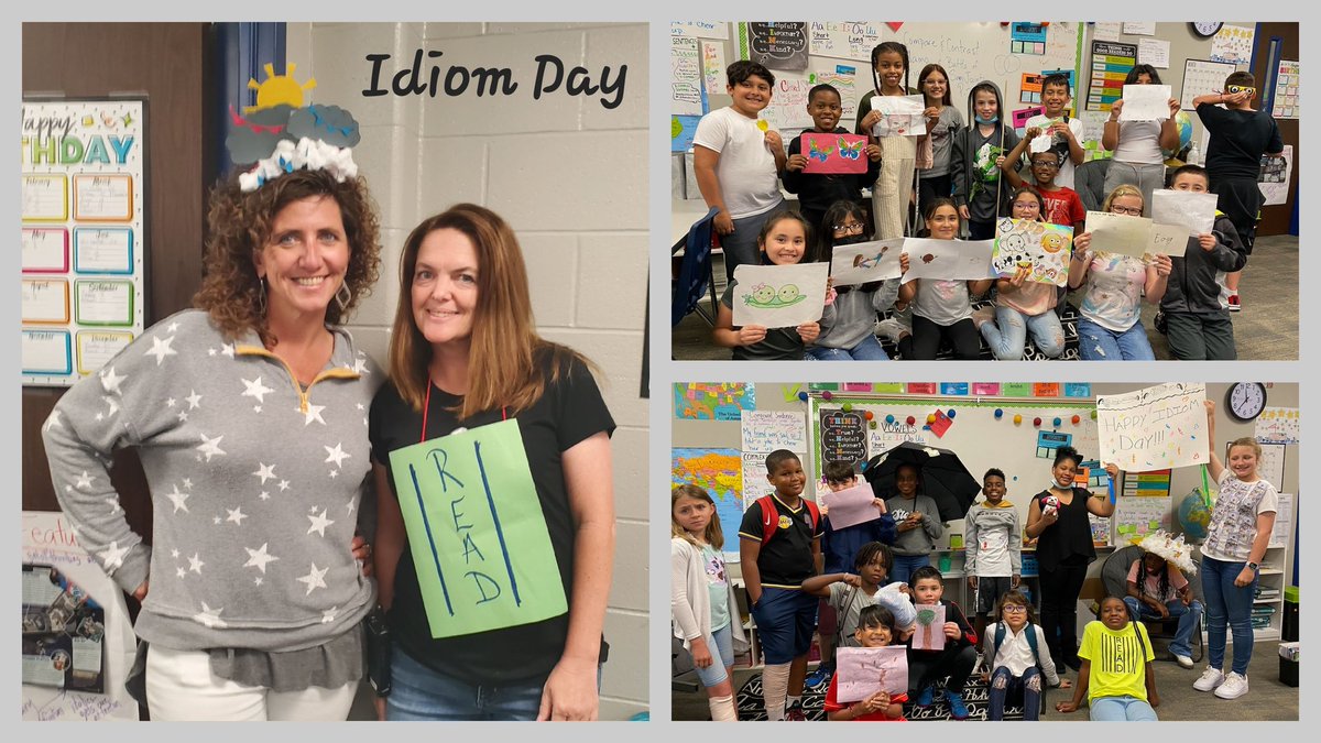 MrsMcCoyGrade4's tweet photo. 2nd annual Idiom Day @HumbleISD_SWE thanks to my amazing partner @Newton_SWE. She has so many creative ideas, brings them to life, and the students are #bouncingoffthewalls for more! 😆 #readbetweenthelines #undertheweather https://t.co/TPXOJ45qsk