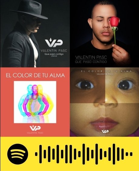 valentinpasc's tweet photo. 🔴 Valentin Pasc 🔴
Ya esta disponible en @spotify toda mi musica...escanea y escucha. No te la puedes perder. #duelemas #quepasocontigo #elcolordetualma #elcolordetualmadance #quepasocontigodance
#valentinpascofficial #valentinpasc
.
#rock #rocknroll #spotify #spotifyplaylist https://t.co/mt65RQSTMt