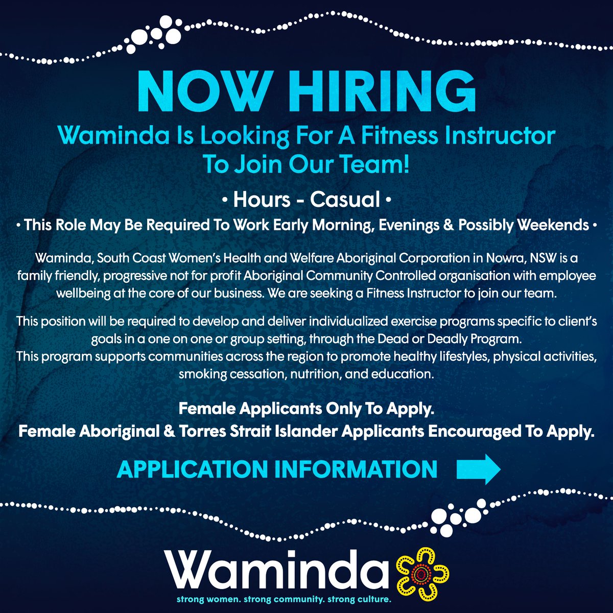WamindaSthCoast's tweet photo. 📣 CALLING ALL FITNESS INSTRUCTORS🎉

🧐 Looking for an exciting Career Opportunity? 

💡 POSITION DETAILS &amp; APPLICATION INFO BELOW! 

#WamindaSouthCoast 🐋
#StrongWomenStrongCommunityStrongCulture 🖤💛❤️ https://t.co/mp3pNCicuP