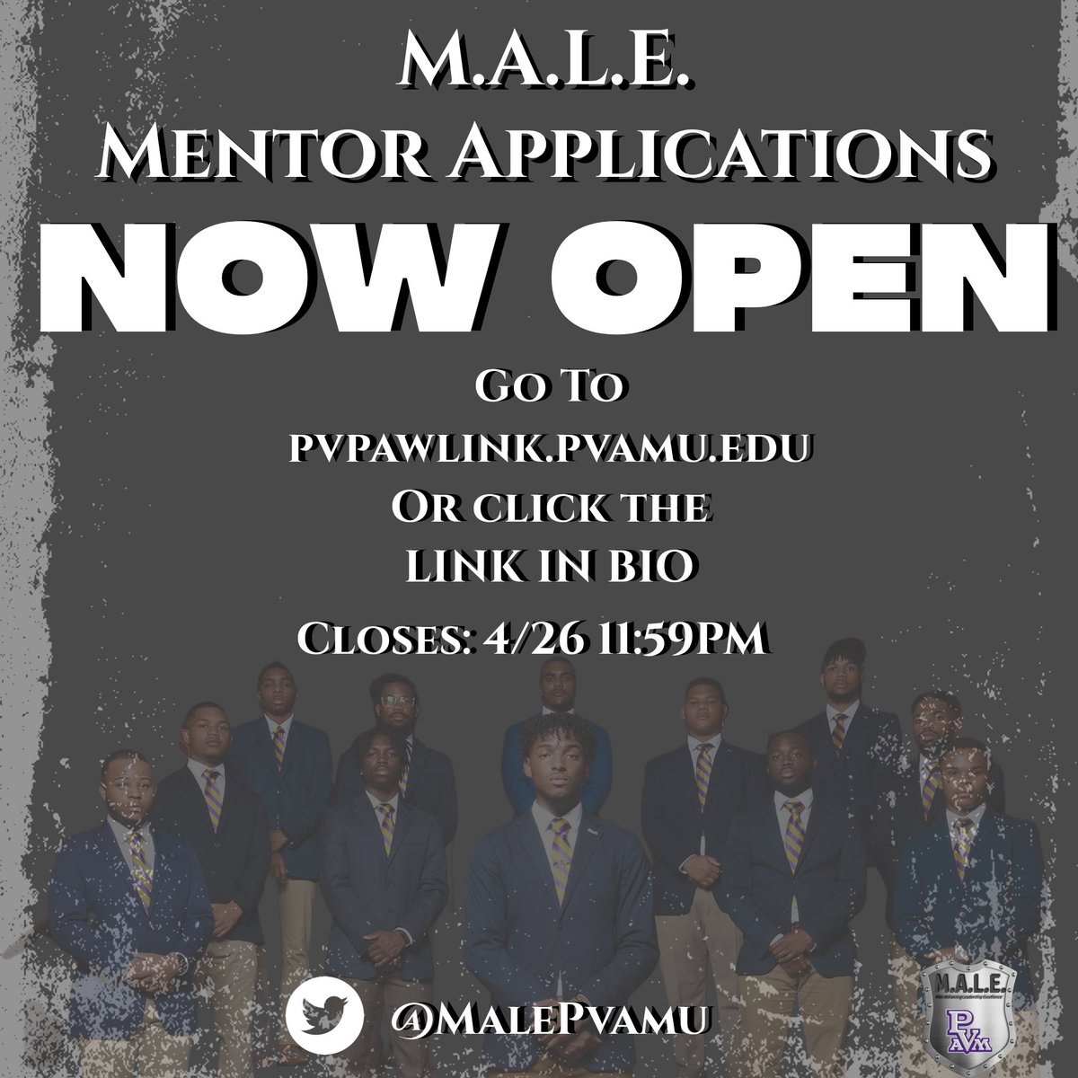 malepvamu's tweet photo. Calling ALL PV Males ! The young men of the Class of #PV26 #Pvamu26 NEED YOU and your GUIDANCE ! Applications for new M.A.L.E. Mentors OPENS NOW and Closes Tuesday at 11:59PM. 🛡

DM Us for any questions or concerns! 😌 #pv #pvamu #pv21 #pv22 #pv23 #pv24 #Pv25 https://t.co/Rw3VE90orB