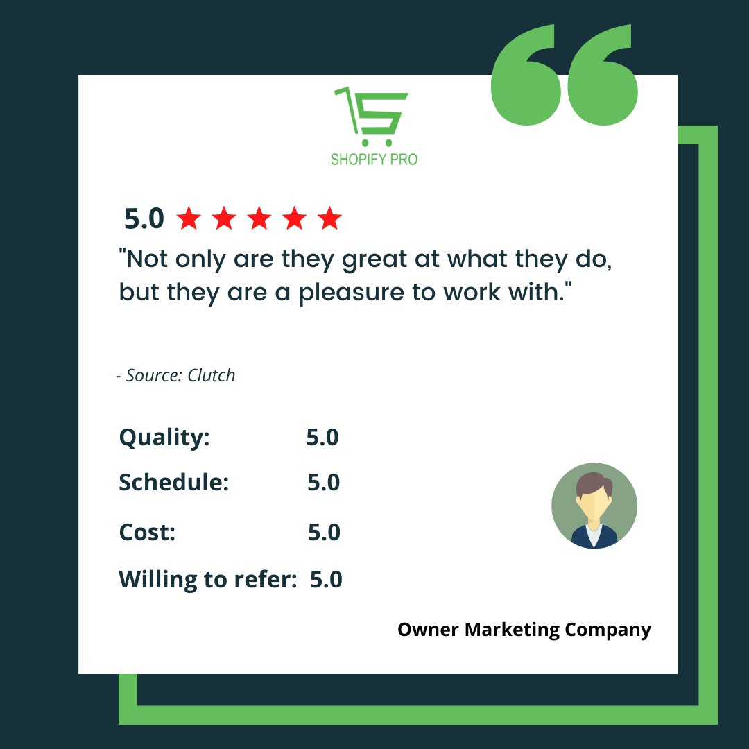 ecomdevagency's tweet photo. At Shopify Pro, we put "Customers" first!

Another happy customer 🙌

#ShopifyPro #review #customerreview #happycustomer #customersatisfaction #Ecommerceagency https://t.co/2C1H8CifFb