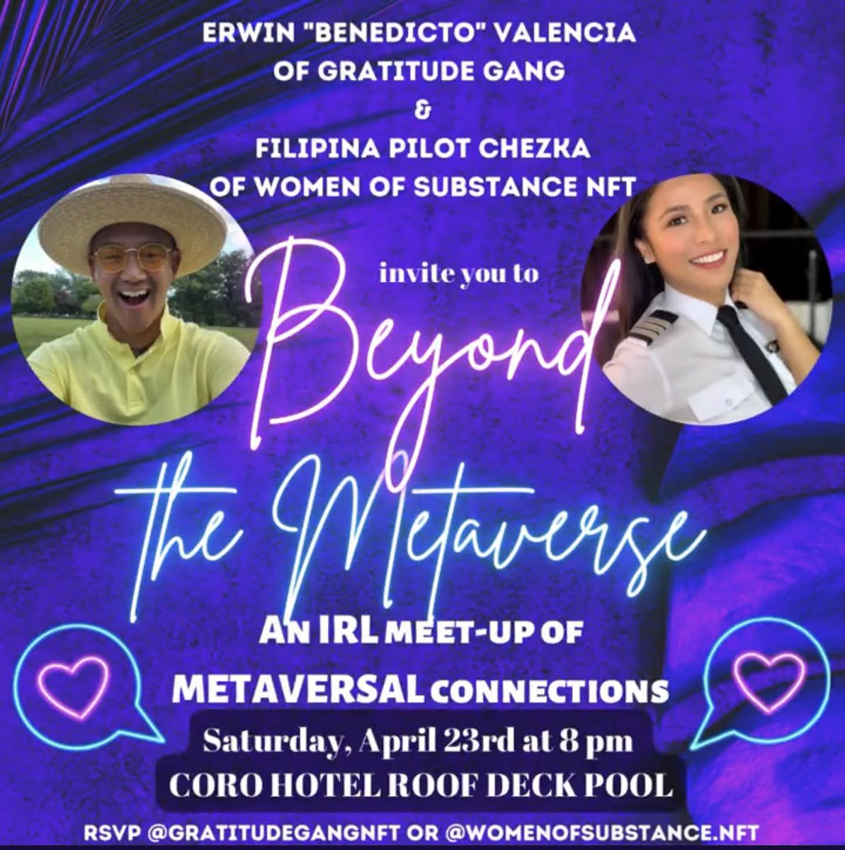 FilipinasNFT's tweet photo. GM! We are inviting ü to come and join in Beyond the Metaverse IRL meet up!
Tomorow night at 8pm PHT at Oro Hotel Roof Deck Pool w our @pilotchezka_NFT, @WomenofSubs_NFT and @gratitudenft ⭐💪
Sew ya'll there!
#FilipinasNFT #BeyondtheMetaverse #IRLMeetUp #MetaversalConnection https://t.co/8WXOmQkJ3p