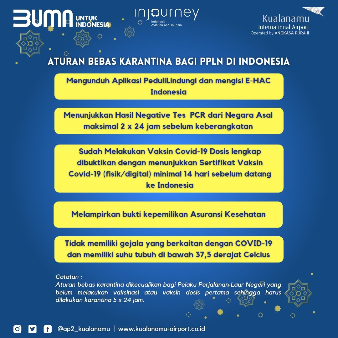 kno_airport's tweet photo. #AP2Friends,yg ditunggu2 nih.Bandara Internasional Kualanamu kini kembali menjadi entry point (pintu masuk) bagi pelaku perjalanan internasional.Berikut informasi aturan perjalanan internasional dgn transportasi udara bagi #AP2Friends yg menuju Bandara Internasional Kualanamu🎉 https://t.co/3WU5xUrMpy