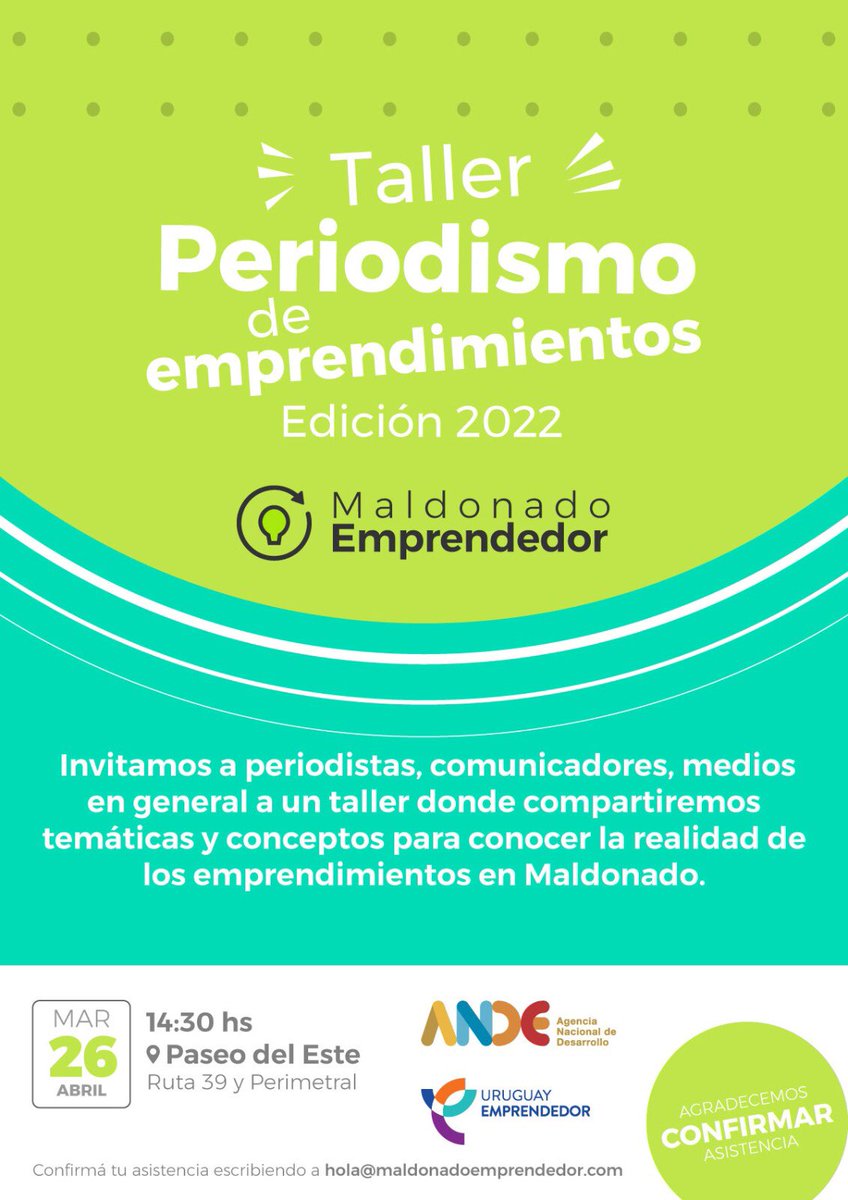 Invitamos a periodistas, comunicadores y medios a un taller donde compartiremos temáticas y conceptos sobre los emprendimientos en Maldonado. 
🗓️Fecha: Martes 26 de Abril
⏰Hora: 14.30 hs.
📍Lugar: Paseo del Este (Ruta 39 y Perimetral)
Inscripción: hola@maldonadoemprendedor.com
