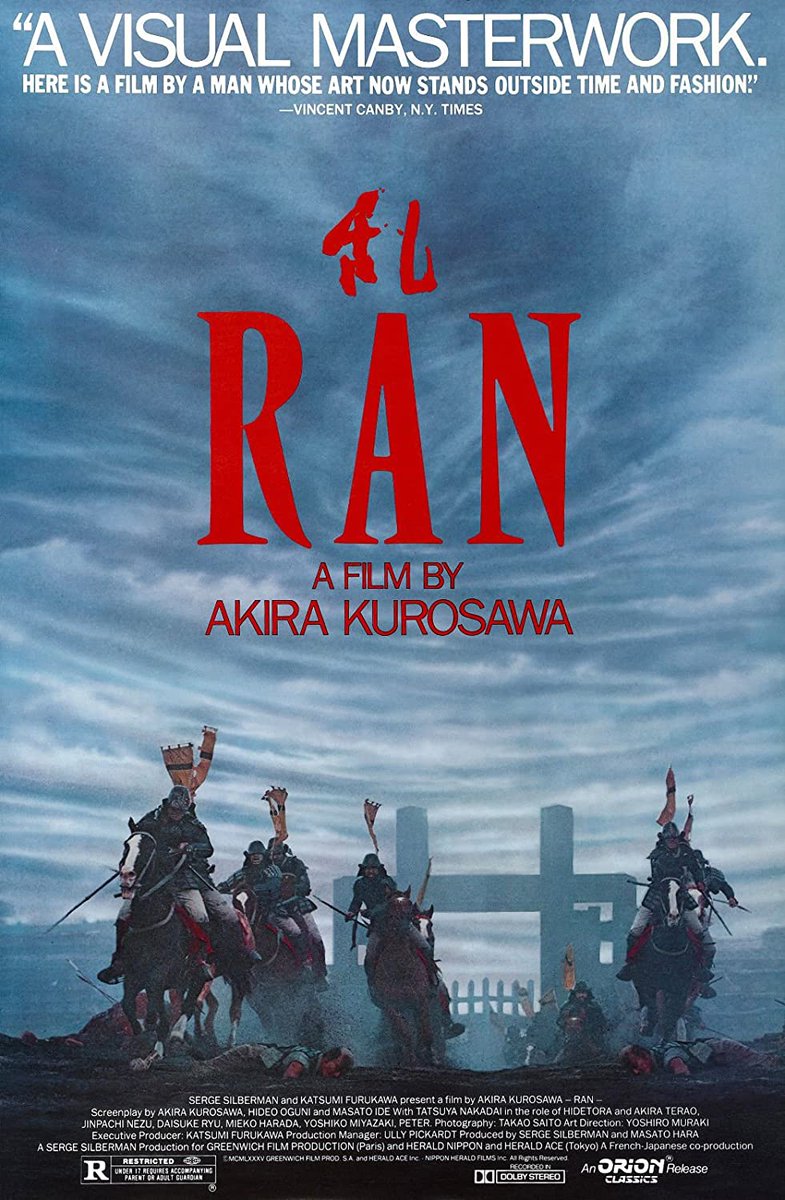 Ran (1985) is an inspired adaptation of King Leer by Akira Kurosawa, one of the greatest directors of all time, set in feudal Japan. The climactic battle sequence is unforgettable.