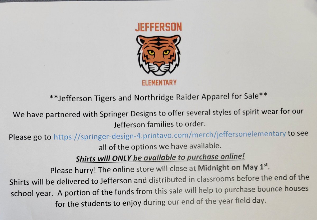 Have you been wishing for some JES spirit wear?  Here is the link to our fundraiser!! 

springer-design-4.printavo.com/merch/jefferso…

We will also be sending information home!

*This fundraiser will help us with raise money for our birthday books!