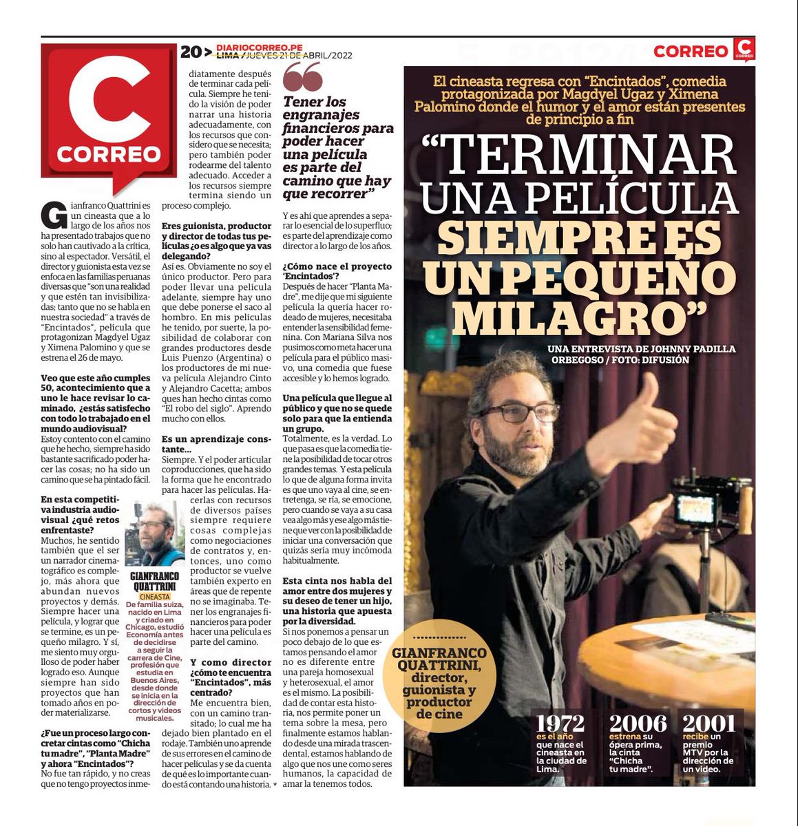 🎥 #LPCine: “Terminar una película siempre es un pequeño milagro”, cineasta #GianfrancoQuattrini, quien pronto estrenará en la pantalla grande la comedia #Encintados.  

Vía <a href="/diariocorreo/">Diario Correo</a>