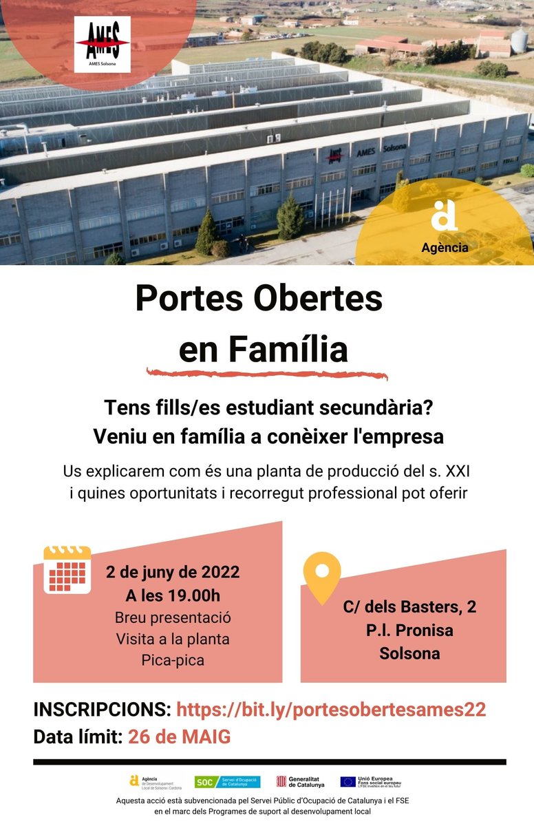 Visita guiada a la planta d'AMES #Solsona per famílies interessades en conèixer com és la indústria del segle XXI i les oportunitats professionals que pot oferir al territori.  Dijous 2 de juny a les 19h. Inscripcions aquí:  bit.ly/portesobertesa…